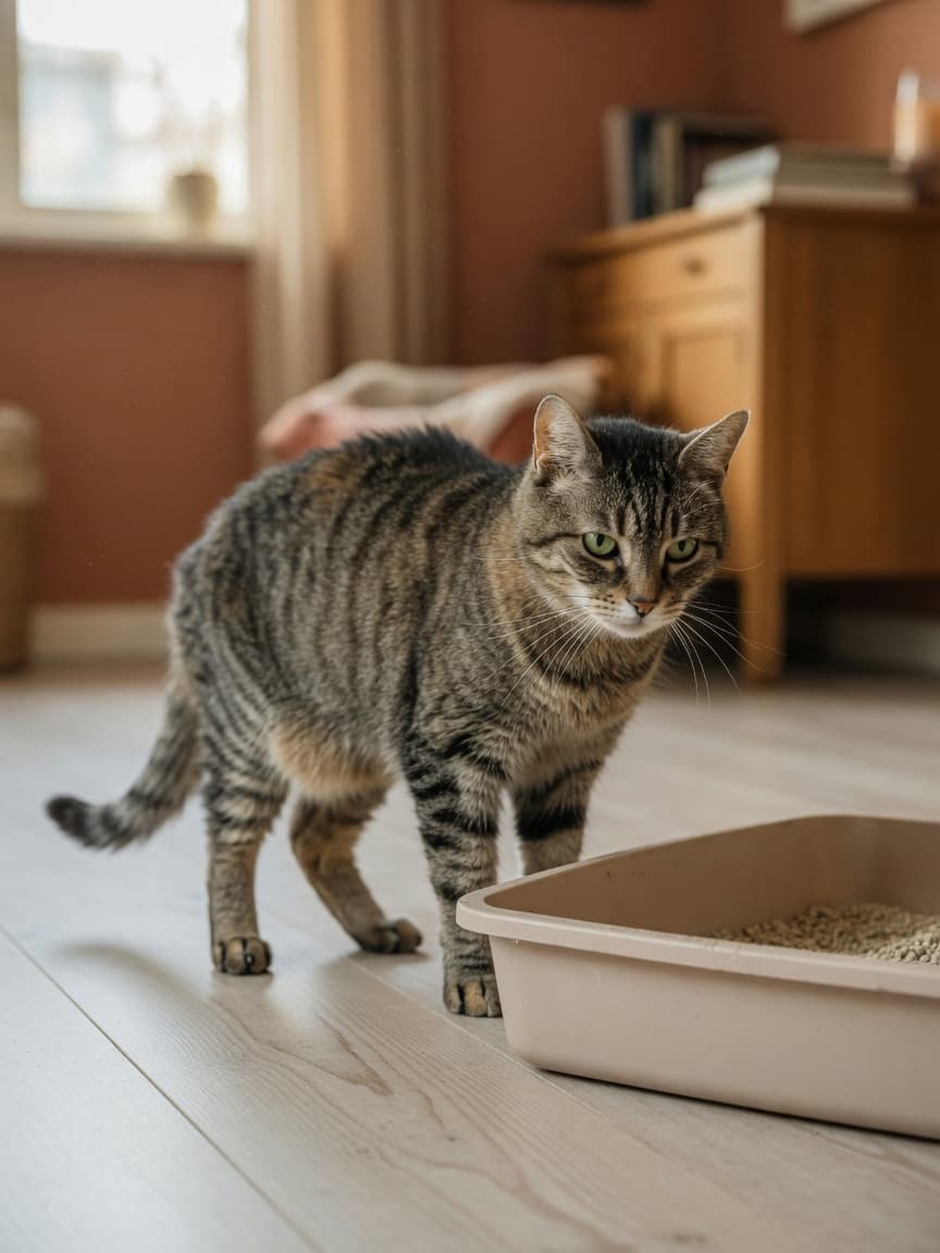 Senior tabby cat hesitating beside a litter tray, showing signs of mobility difficulty