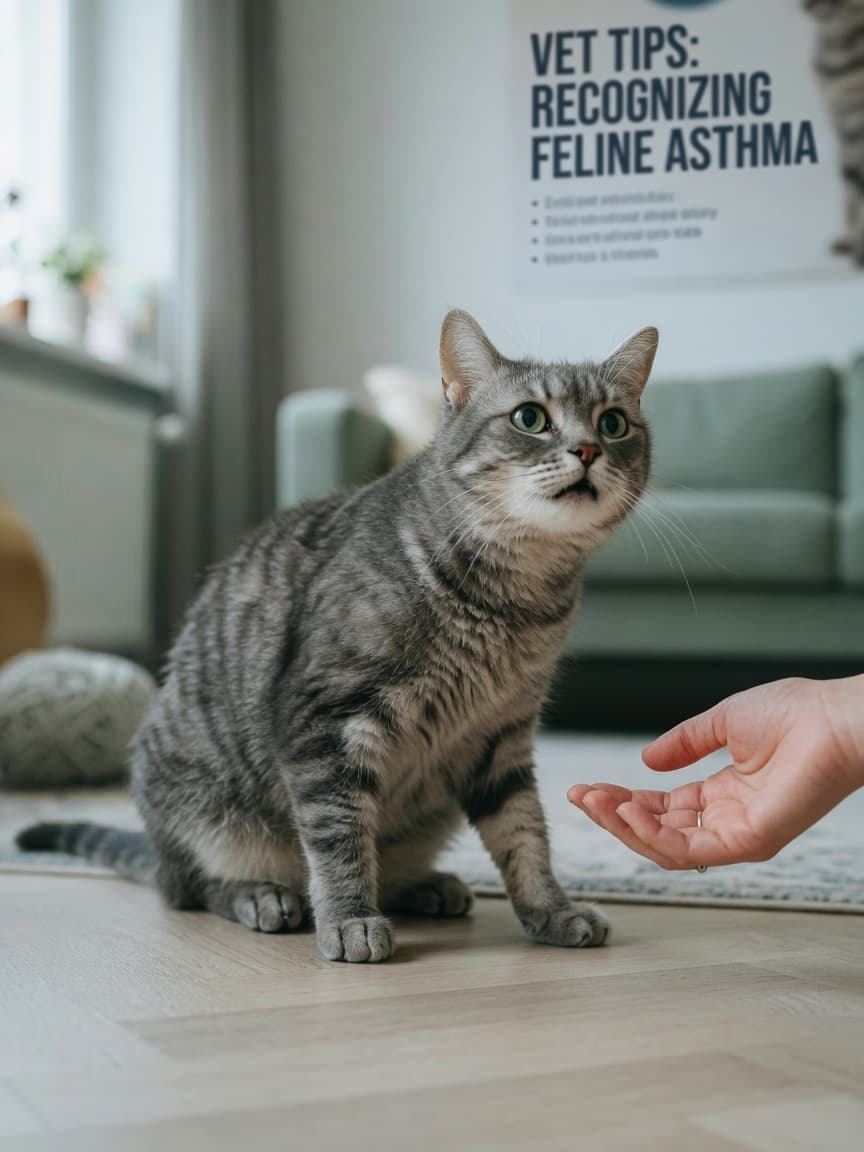 Cat in asthmatic episode crouched with extended neck showing respiratory distress