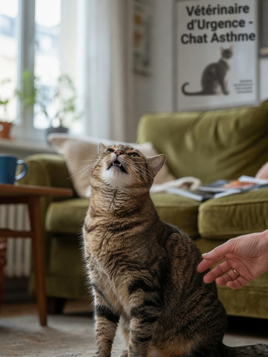 A tabby cat displaying labored breathing and coughing, with extended neck and tense body posture showing signs of an asthma episode.