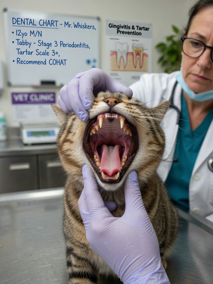 Veterinarian examining a tabby cat's mouth showing inflamed gums and tartar buildup during dental inspection