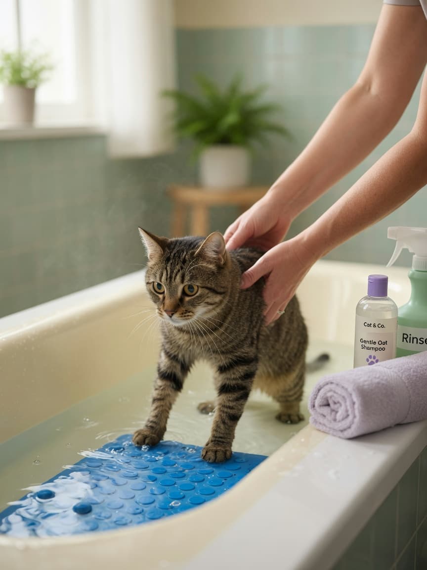 Cat being gently lowered into a shallow bath with towels and supplies nearby