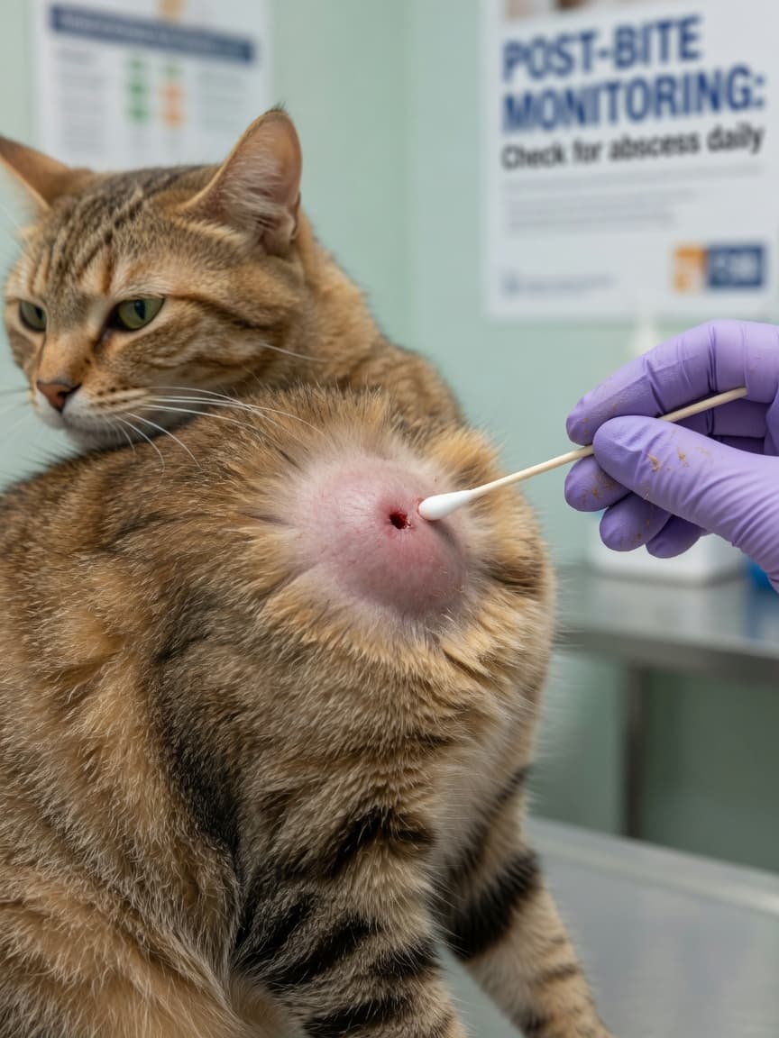 Veterinarian examining a cat bite wound on a tabby cat's leg during a clinical assessment