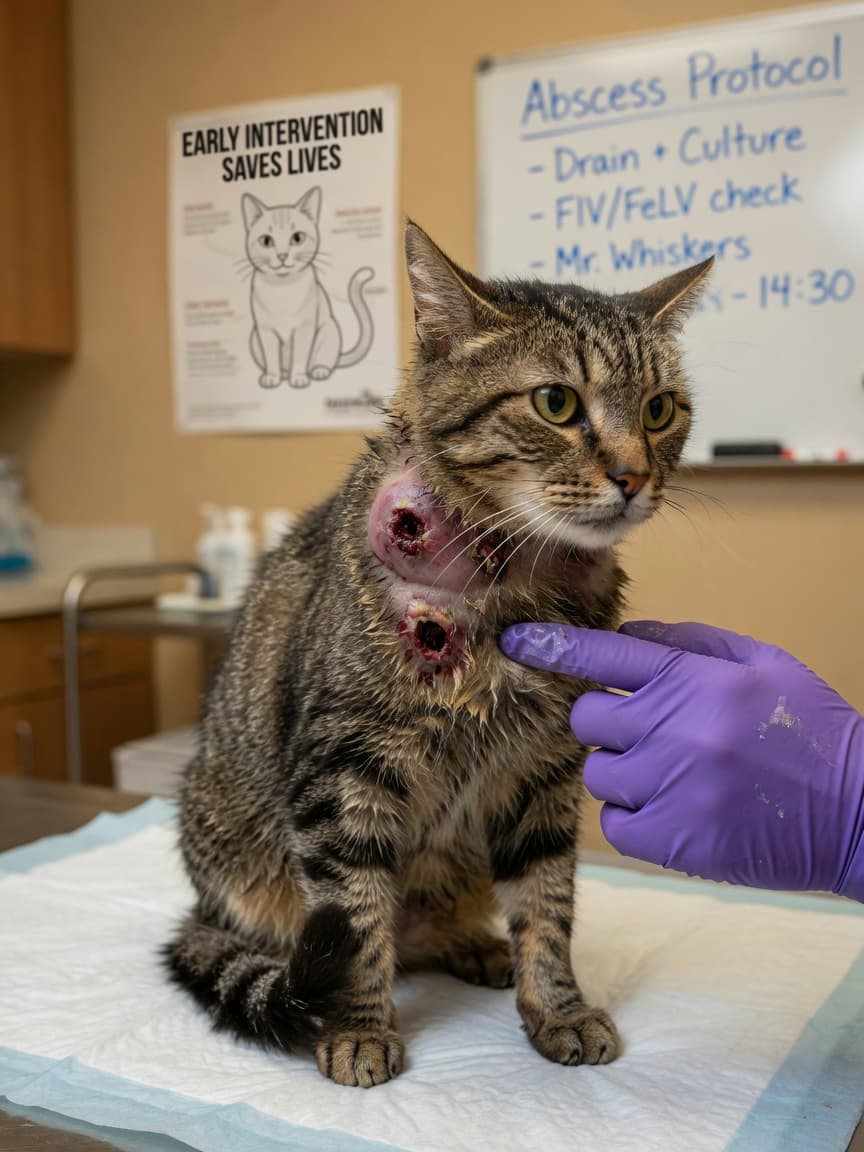 Injured tabby cat with puncture wounds and neck swelling being examined by a veterinarian on an examination table
