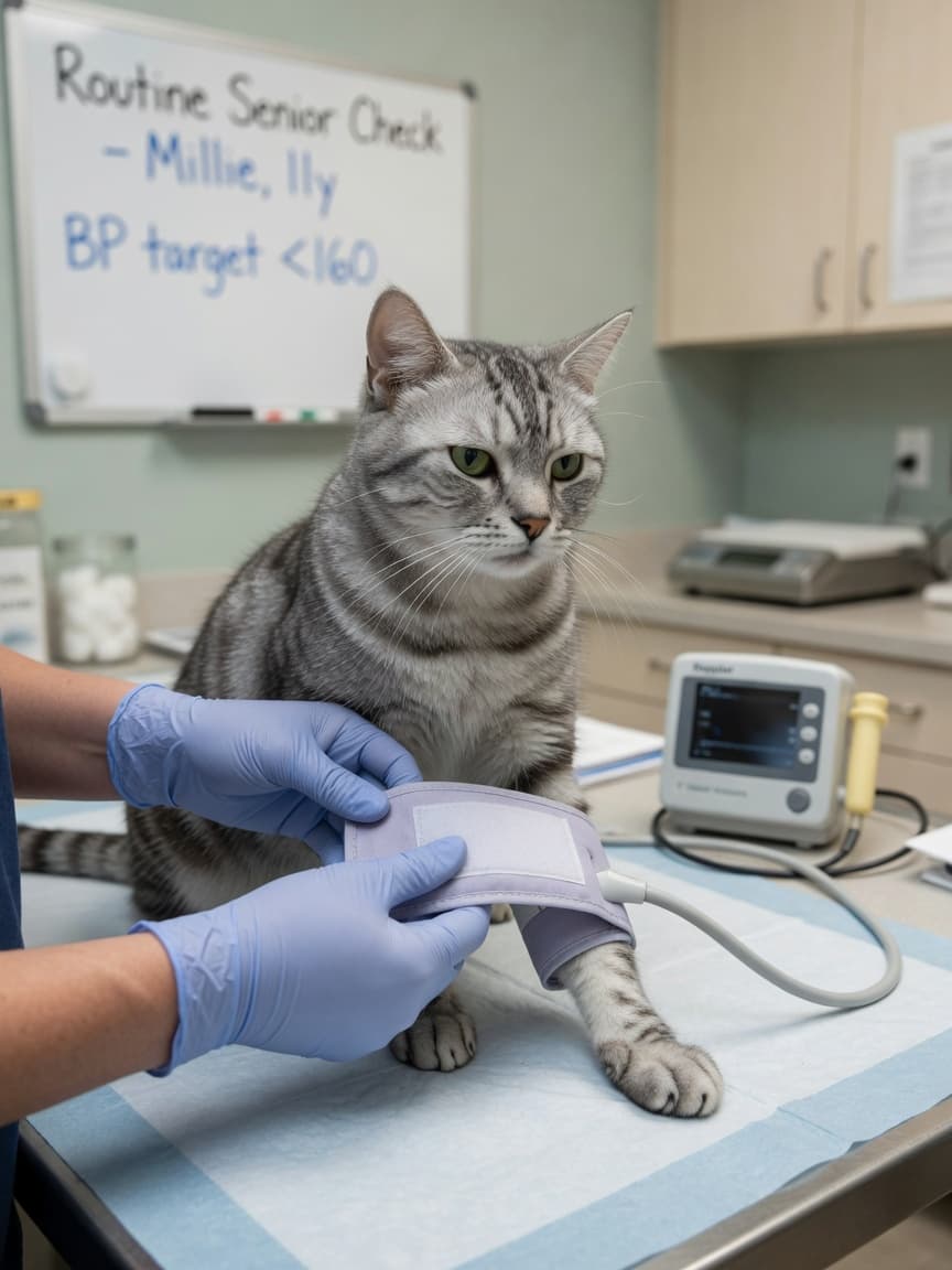 Veterinarian measuring blood pressure on a calm cat using a small inflatable cuff on the cat's leg during a veterinary exam