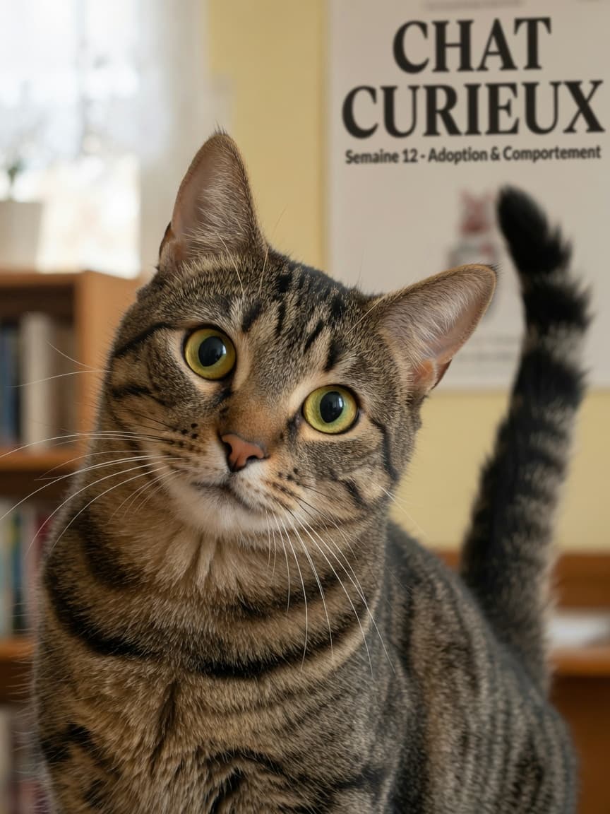 Close-up of alert tabby cat's face with ears forward, wide focused eyes, and tail held high, demonstrating confident body language signals