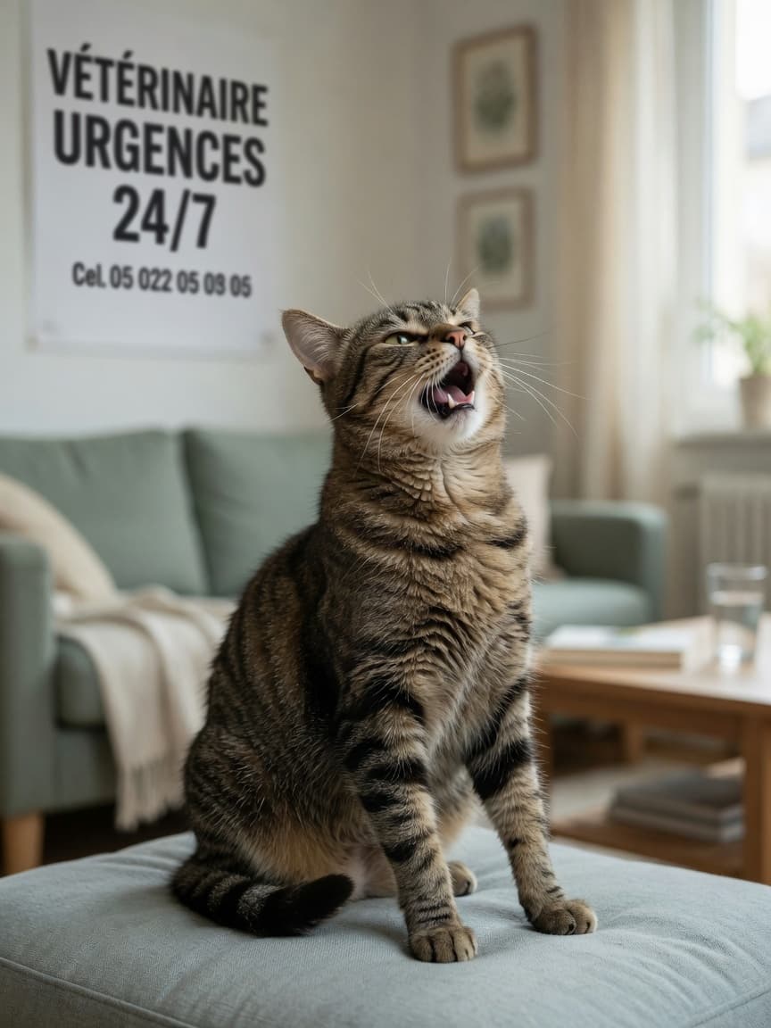 Distressed cat in orthopneic position showing severe respiratory distress with elbows out and neck stretched forward