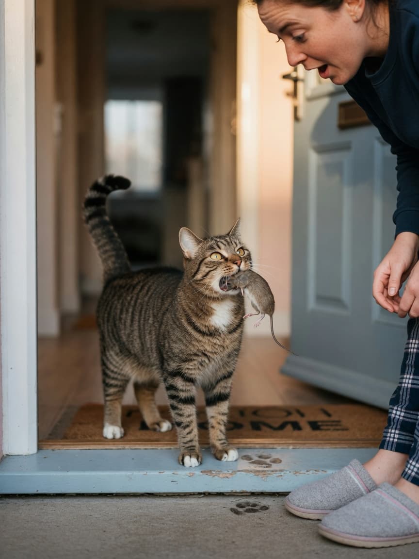 Tabby cat presenting a dead mouse at owner's doorstep as a gift