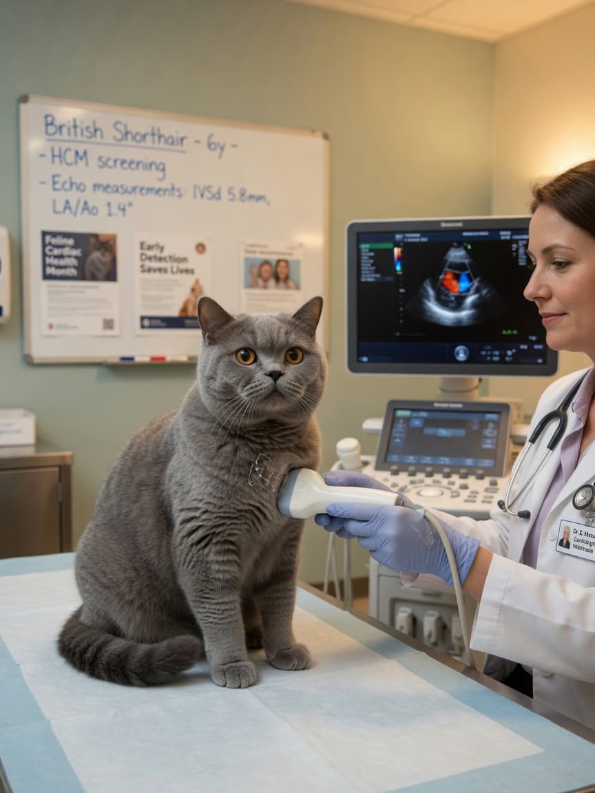 British Shorthair cat receiving cardiac ultrasound screening at veterinary clinic