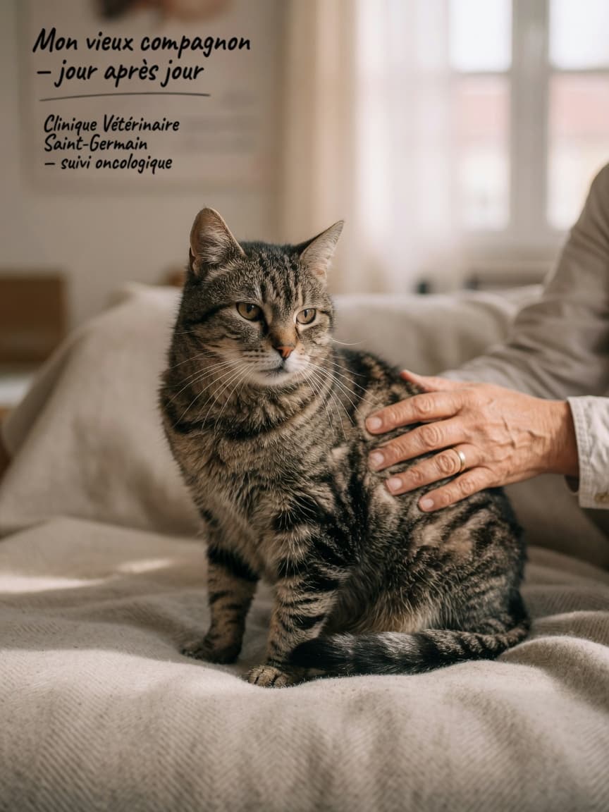 Senior tabby cat resting peacefully on a blanket with owner's hand providing gentle comfort in warm window light