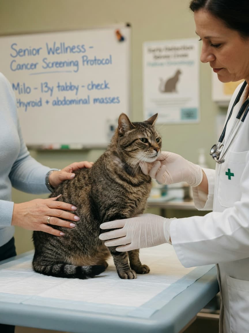 Veterinarian examining a senior tabby cat for lumps during a cancer screening, with owner's hand visible showing emotional support