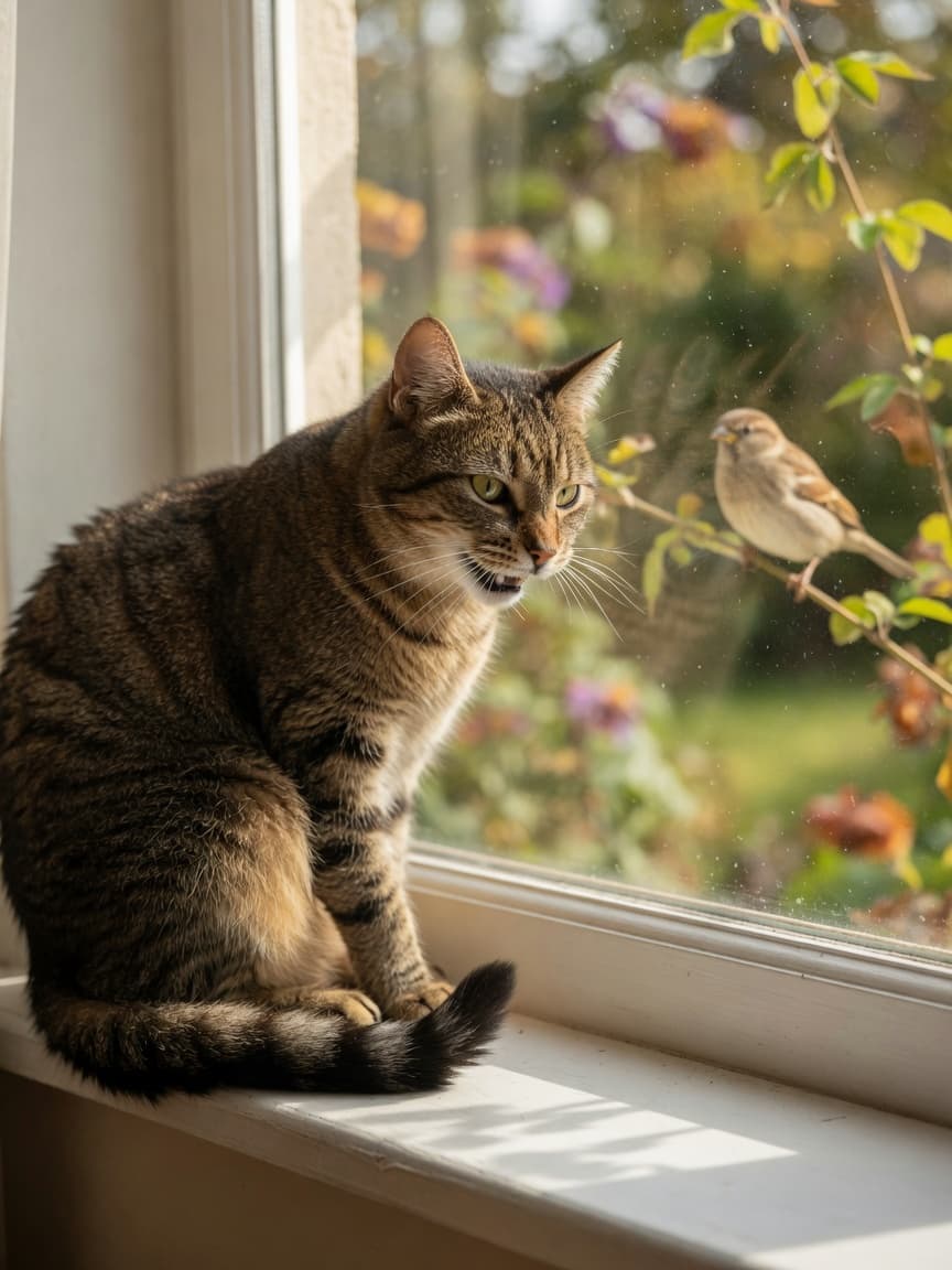 Tabby cat chattering at a bird outside a window, mouth open with twitching tail and intense focused expression