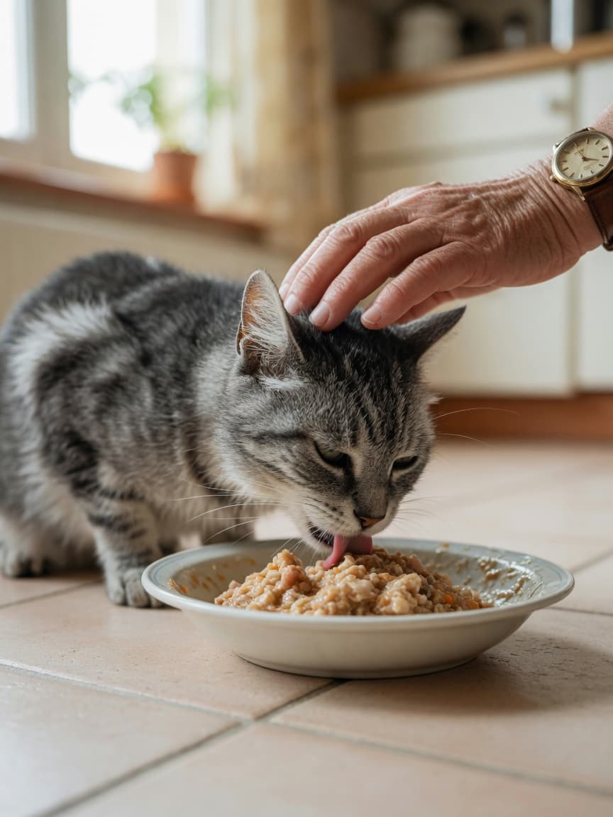 Senior gray and white tabby cat eating wet food from a bowl while being gently stroked by an owner's hand, natural kitchen lighting