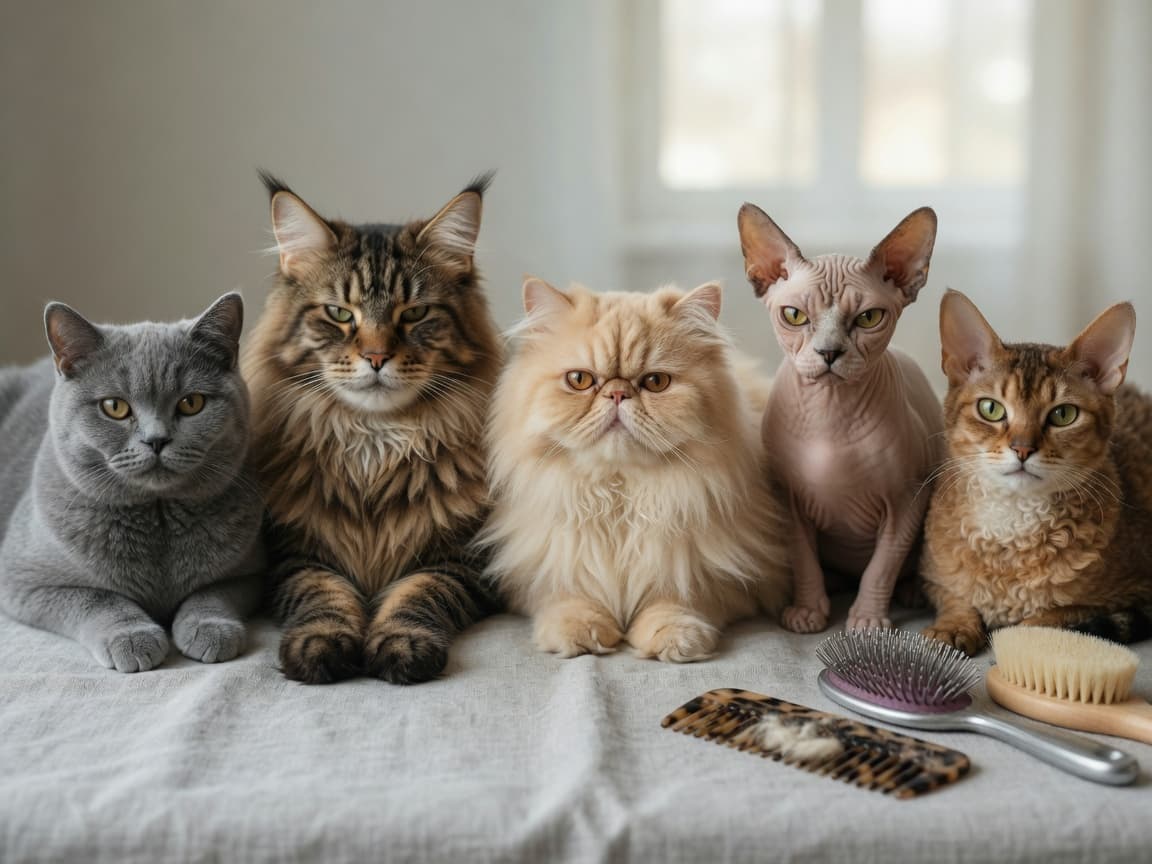 Five different cat coat types displayed together: short-haired British Shorthair, semi-long Maine Coon, long-haired Persian, hairless Sphynx, and curly-coated Cornish Rex, with grooming tools nearby.