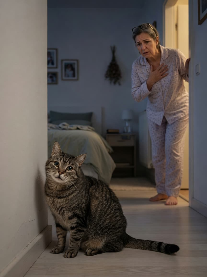 A disoriented senior tabby cat staring blankly at a wall in a dark bedroom corner at night, with a worried owner watching from the doorway