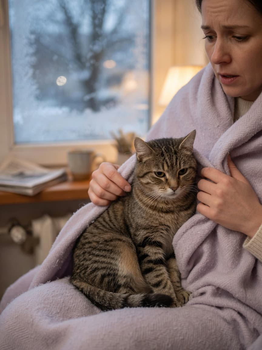 Cat owner wrapping a cold, shivering cat in a warm blanket indoors during winter