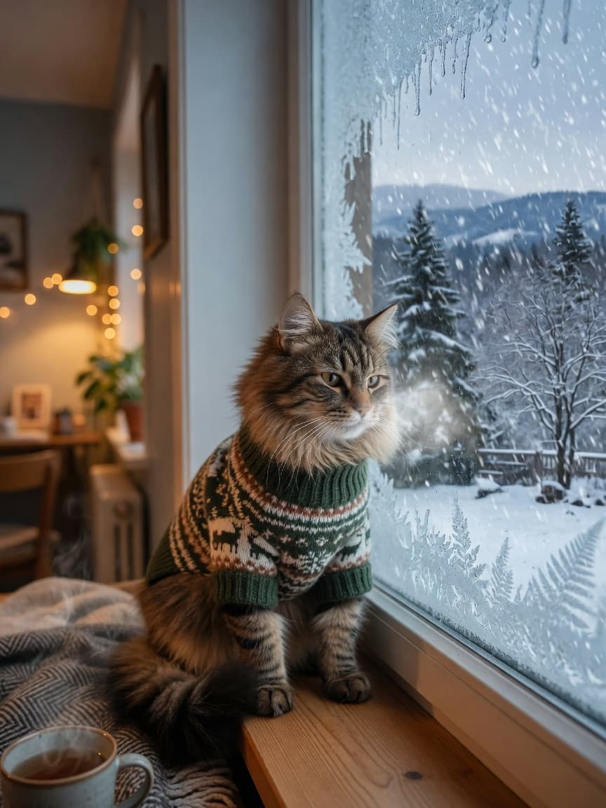 Long-haired tabby cat in sweater by frosted window during winter snowfall