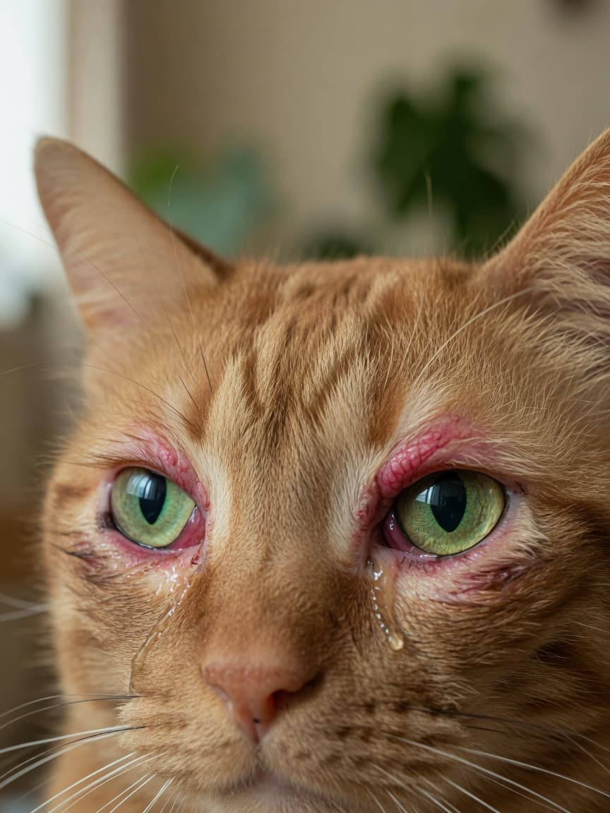 Close-up of a cat's face showing inflamed red conjunctiva and eye discharge characteristic of feline conjunctivitis