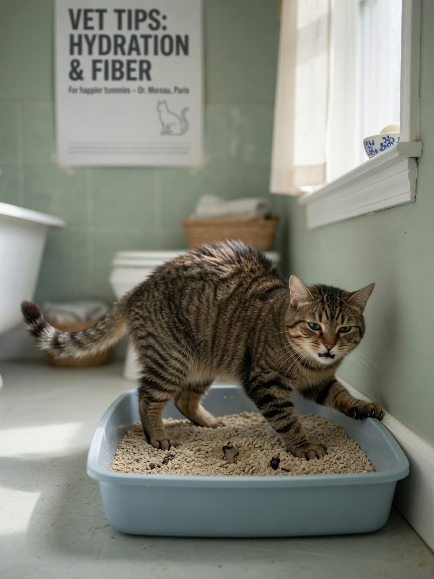 Tabby cat in litter tray showing signs of constipation strain and discomfort
