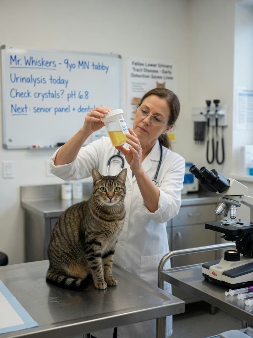 Veterinarian examining a cat's urine sample in a sterile container during a clinical examination
