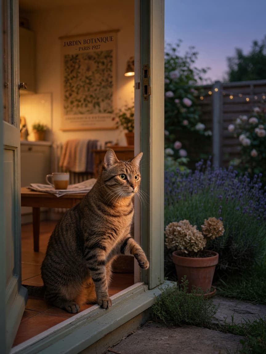 Tabby cat at back door at dusk, about to go outside, with golden evening light