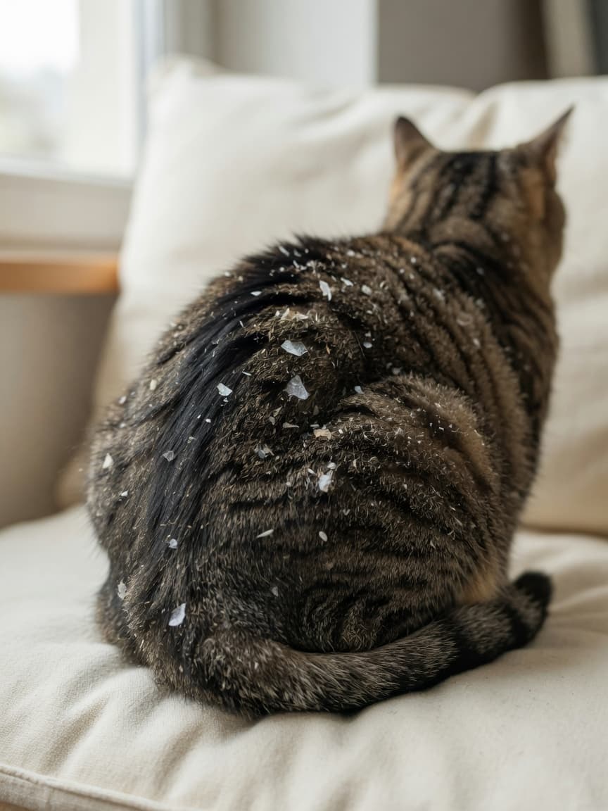 Close-up of a tabby cat's fur showing white dandruff flakes along the back and tail base