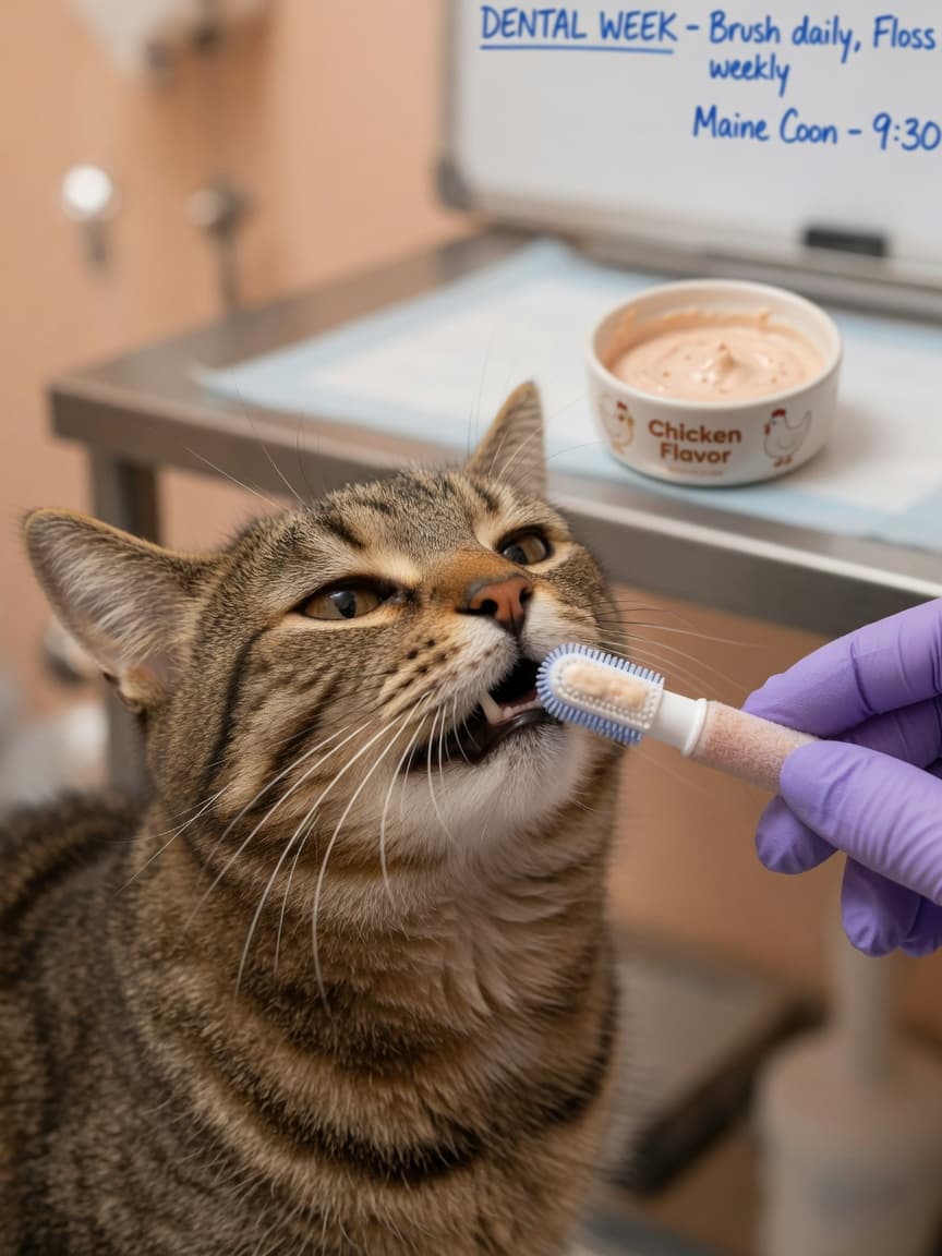 Veterinarian brushing a tabby cat's teeth with a soft-bristled finger brush during a dental care session