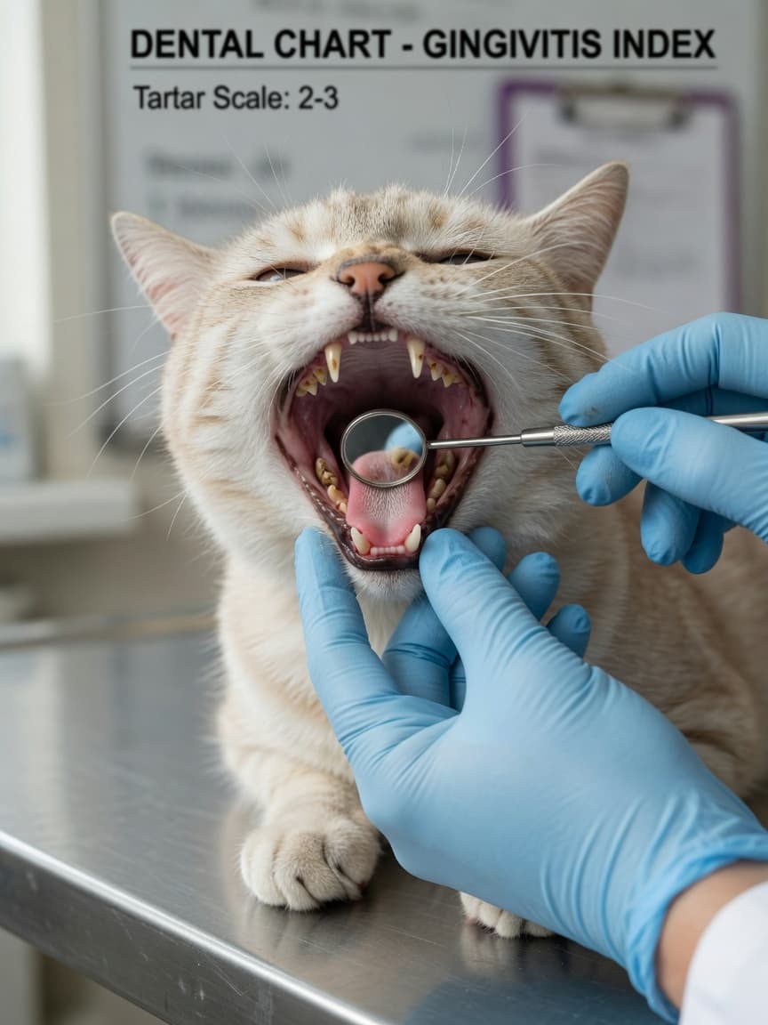 Veterinarian examining a cat's dental disease during oral examination, showing tartar and inflammation on teeth and gums