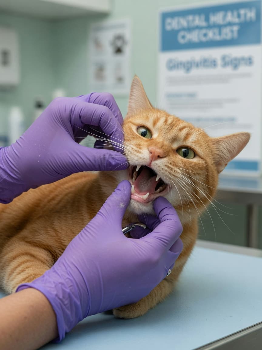Veterinarian examining a tabby cat's teeth and gums during a dental check