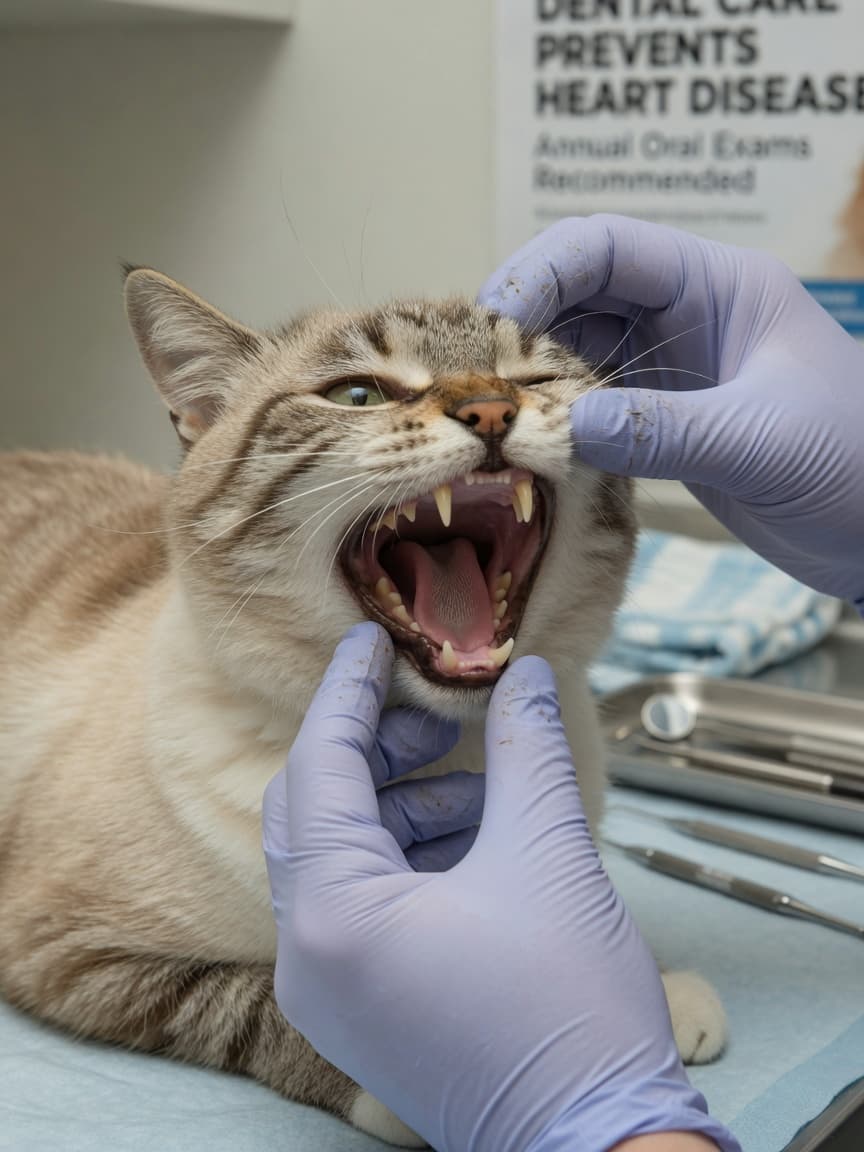 Veterinary dental examination of a tabby cat with vet's gloved hands inspecting the cat's teeth and gums during professional oral assessment
