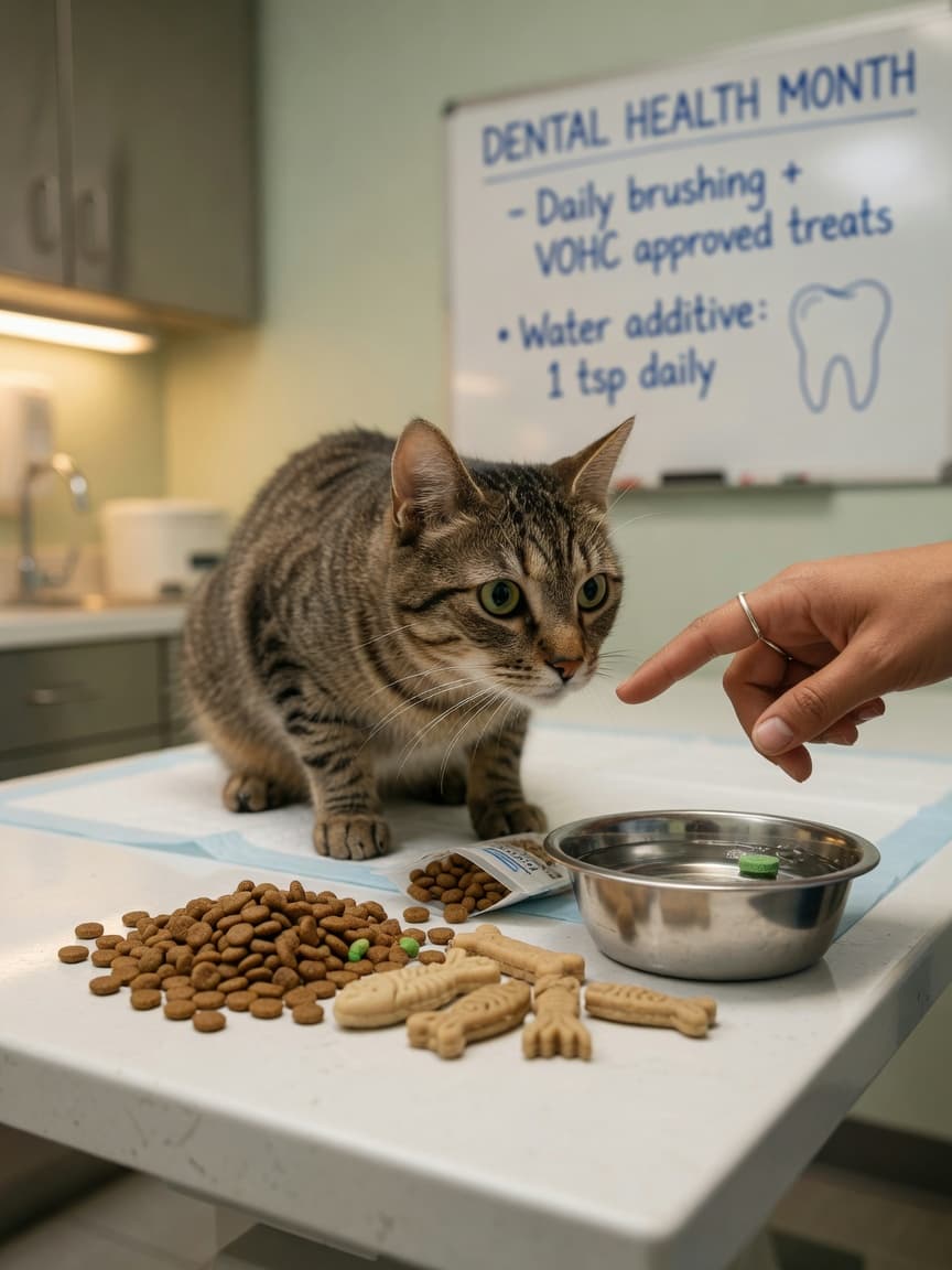 Tabby cat examining dental products and kibble on a veterinary examination table with a vet's hand nearby
