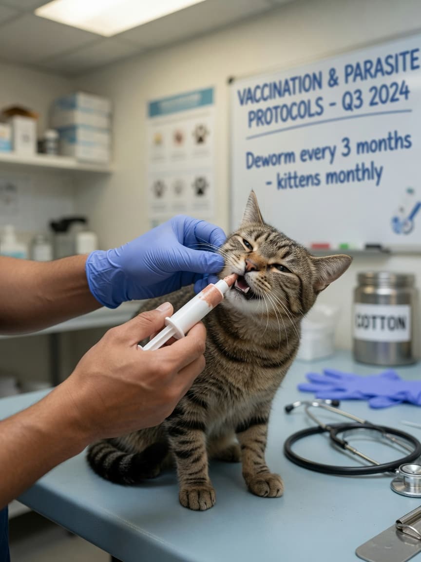 Veterinarian administering oral deworming treatment to a tabby cat during a veterinary examination