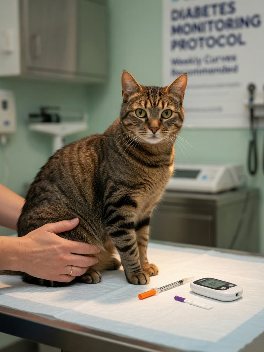Tabby cat on veterinary table with insulin syringe and glucose monitoring device, representing feline diabetes care