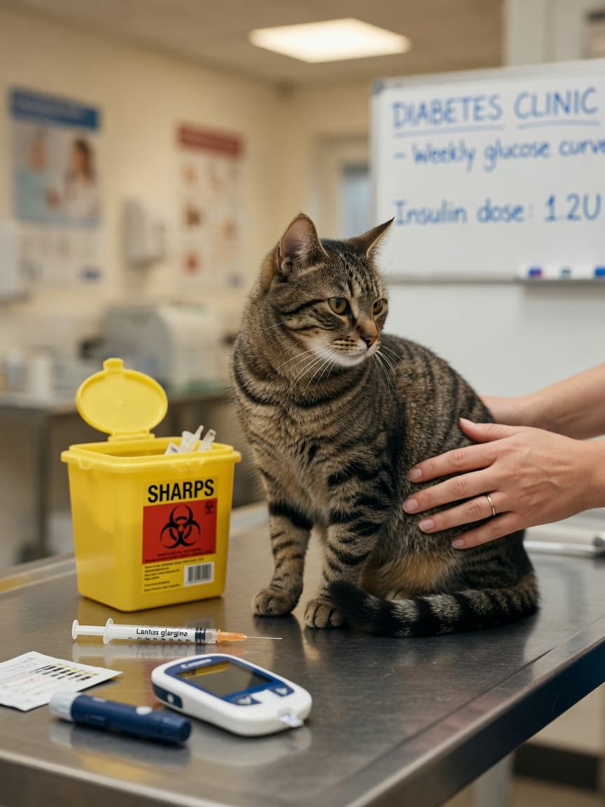 Tabby cat on veterinary table with insulin syringe and glucometer for diabetes management