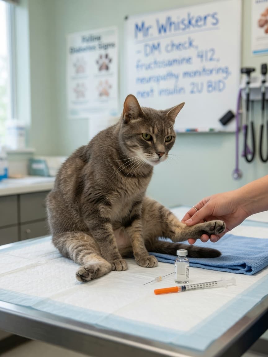 Insulin syringe and vial beside a lean diabetic cat on a vet examination table, veterinarian's hand examining the cat's rear leg showing flat-footed stance