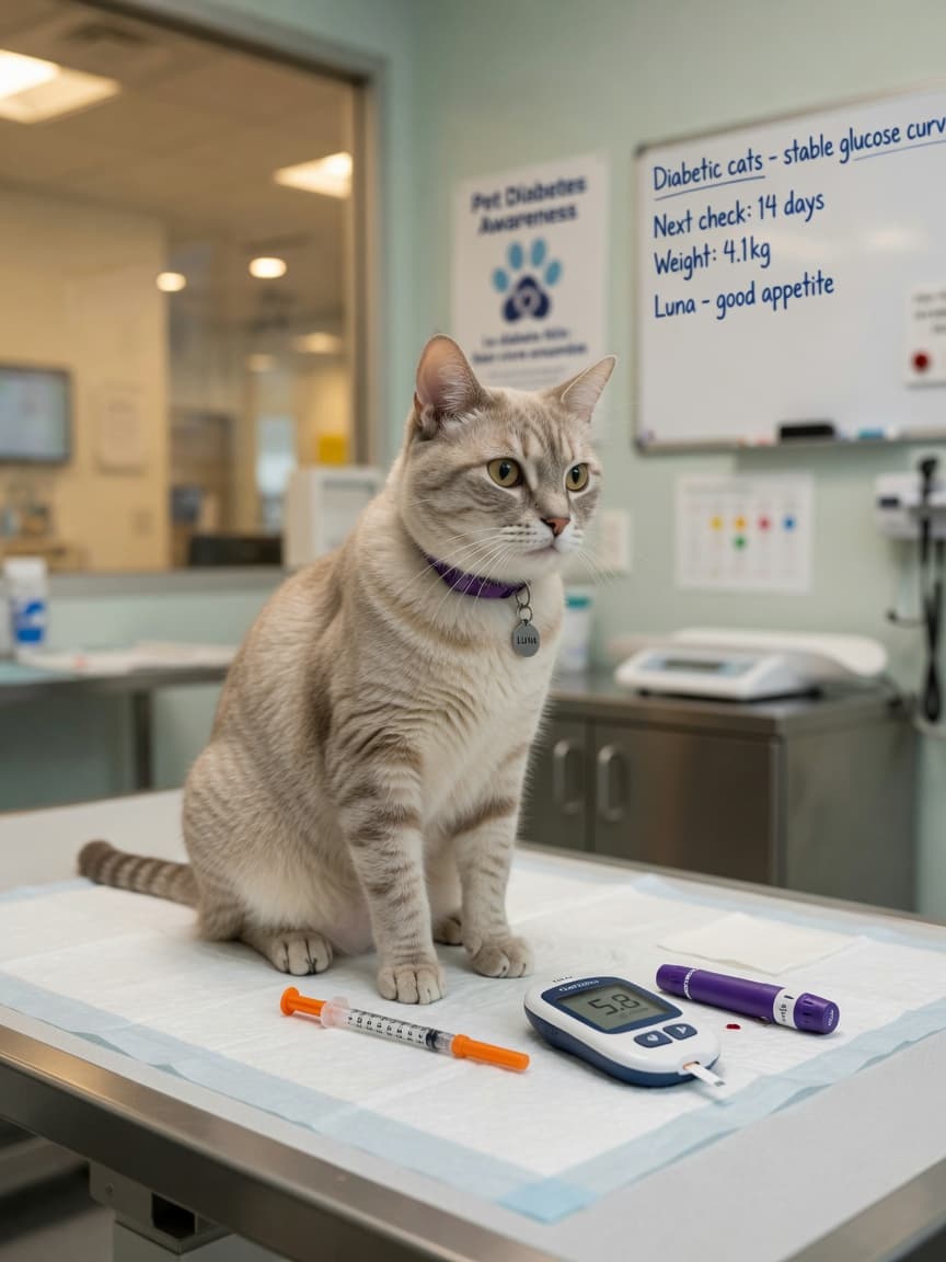 Diabetic cat on vet table with insulin syringe and glucose meter