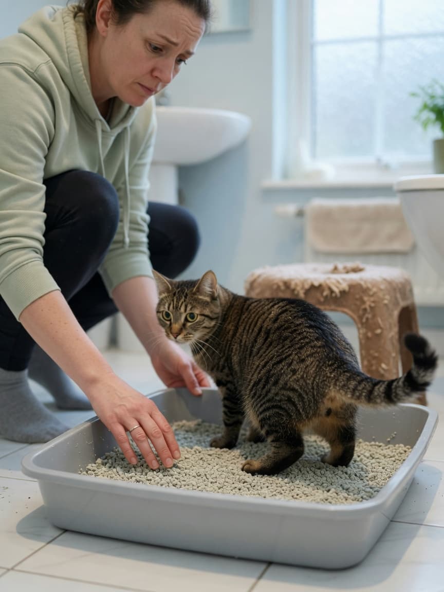 Cat owner examining cat in litter tray to assess digestive health and diarrhoea symptoms