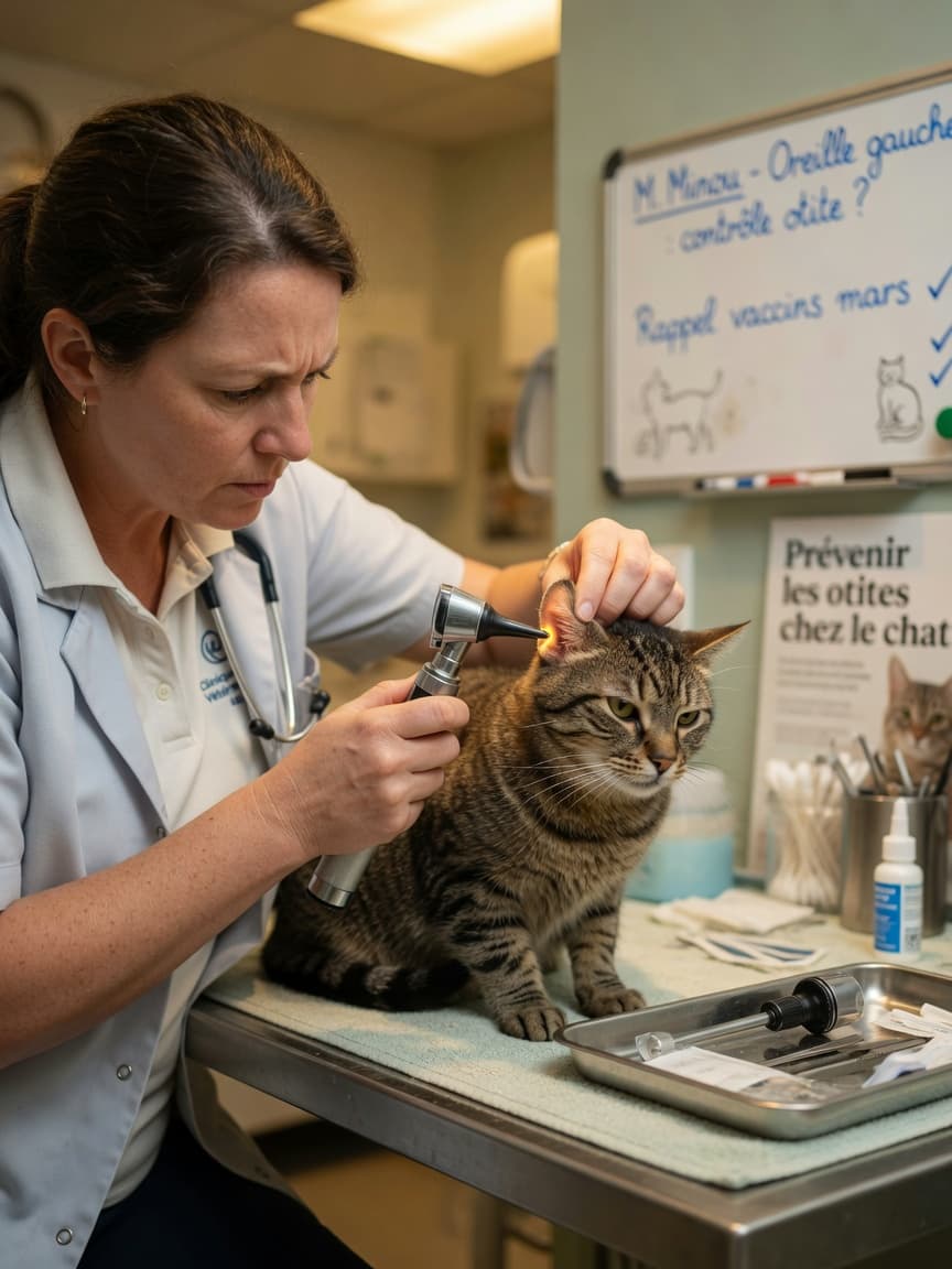 Veterinarian using an otoscope to examine a tabby cat's ear during a clinical examination
