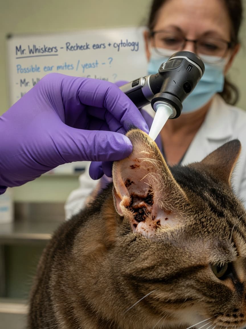 Veterinarian examining a tabby cat's ear with an otoscope to diagnose ear mites, showing dark discharge in the ear canal