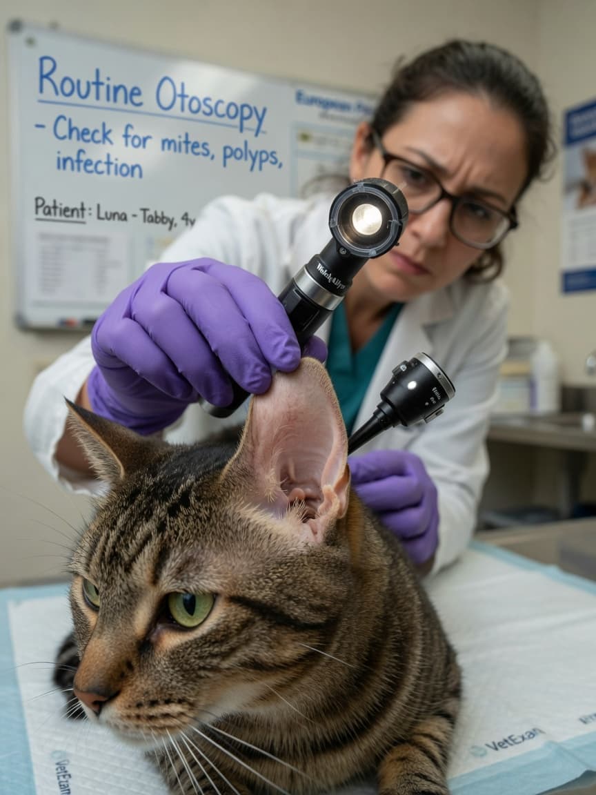 Veterinarian examining a tabby cat's inner ear with an otoscope during a clinical examination