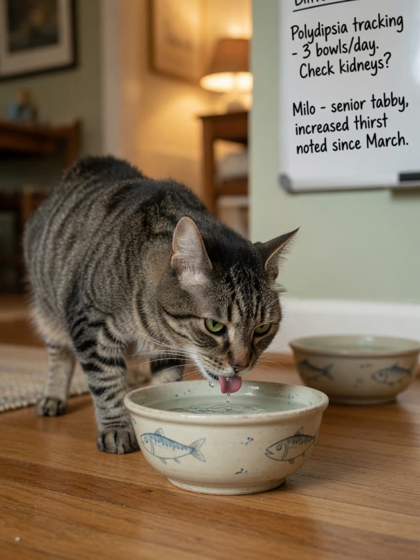 Senior tabby cat drinking from water bowl at home, showing signs of excessive thirst