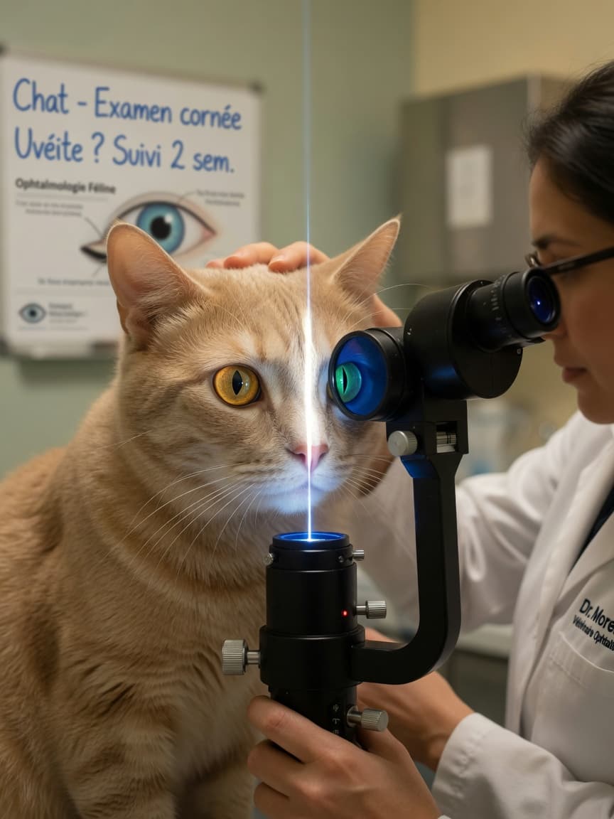 Veterinary ophthalmologist examining a cat's eye with a slit lamp during a professional eye examination