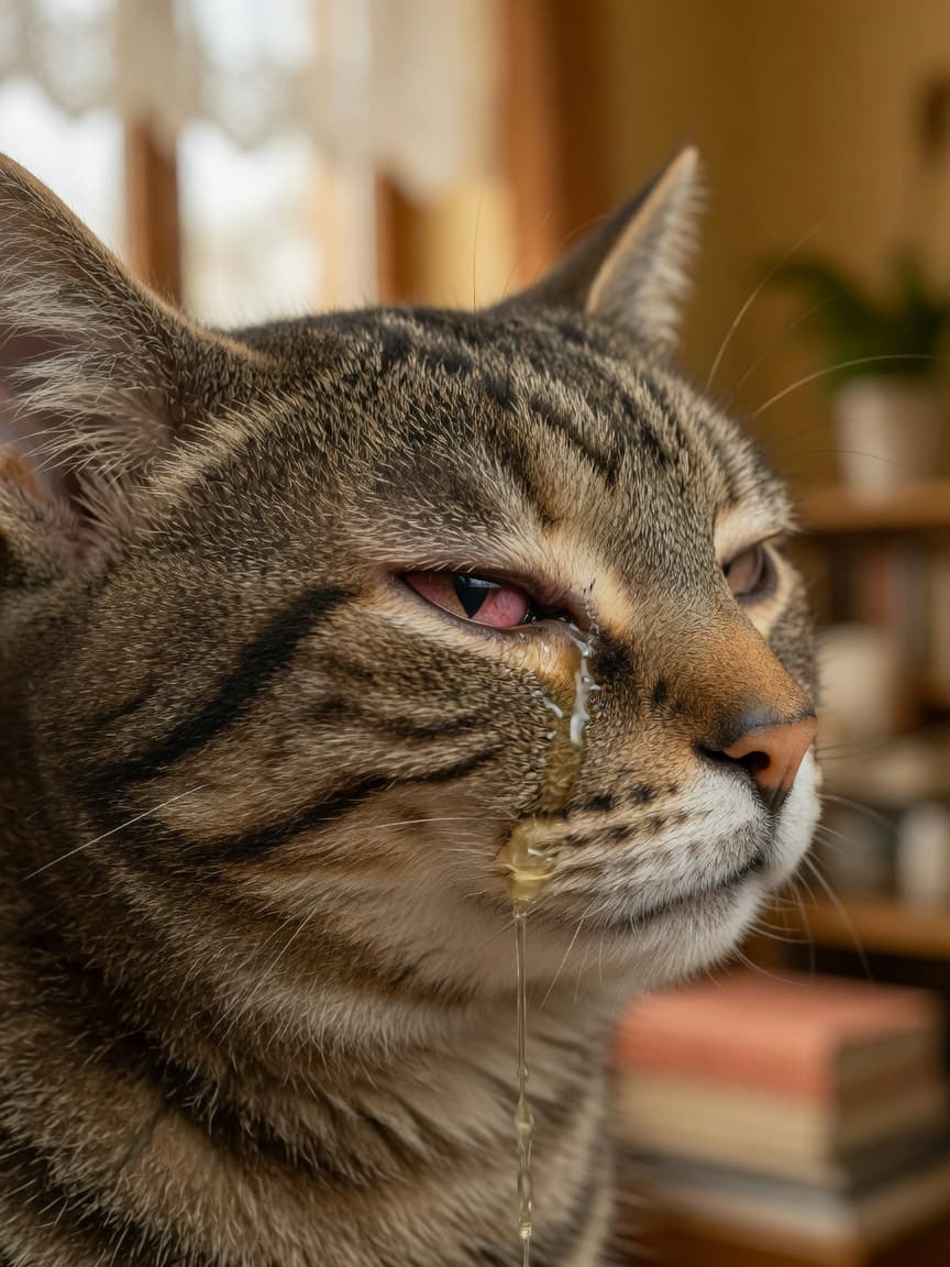 Close-up of a cat's eye with visible discharge and redness showing signs of conjunctivitis