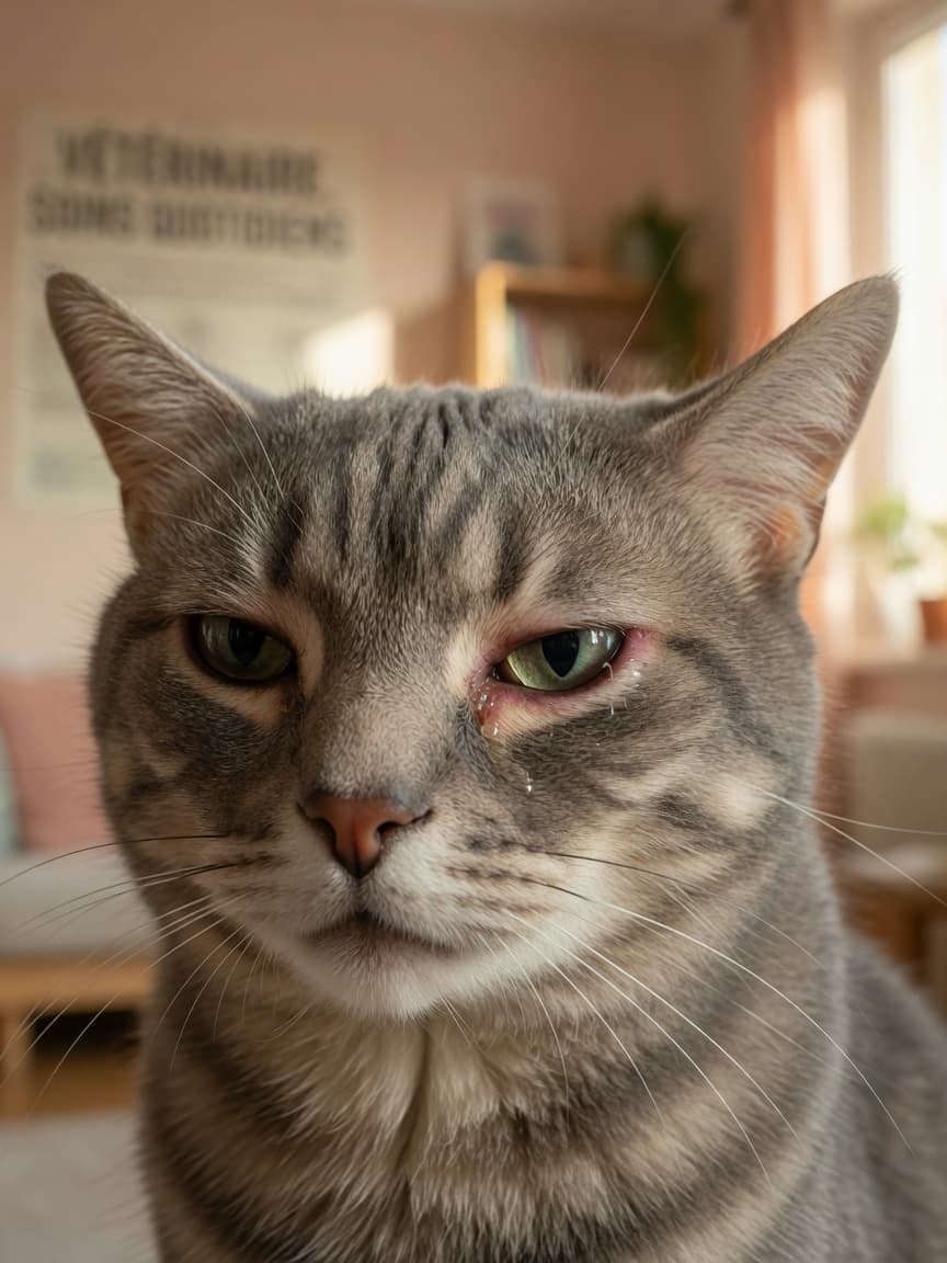 Close-up of a cat's face showing a slightly squinted eye with visible conjunctival inflammation and discharge, demonstrating subtle signs of eye discomfort