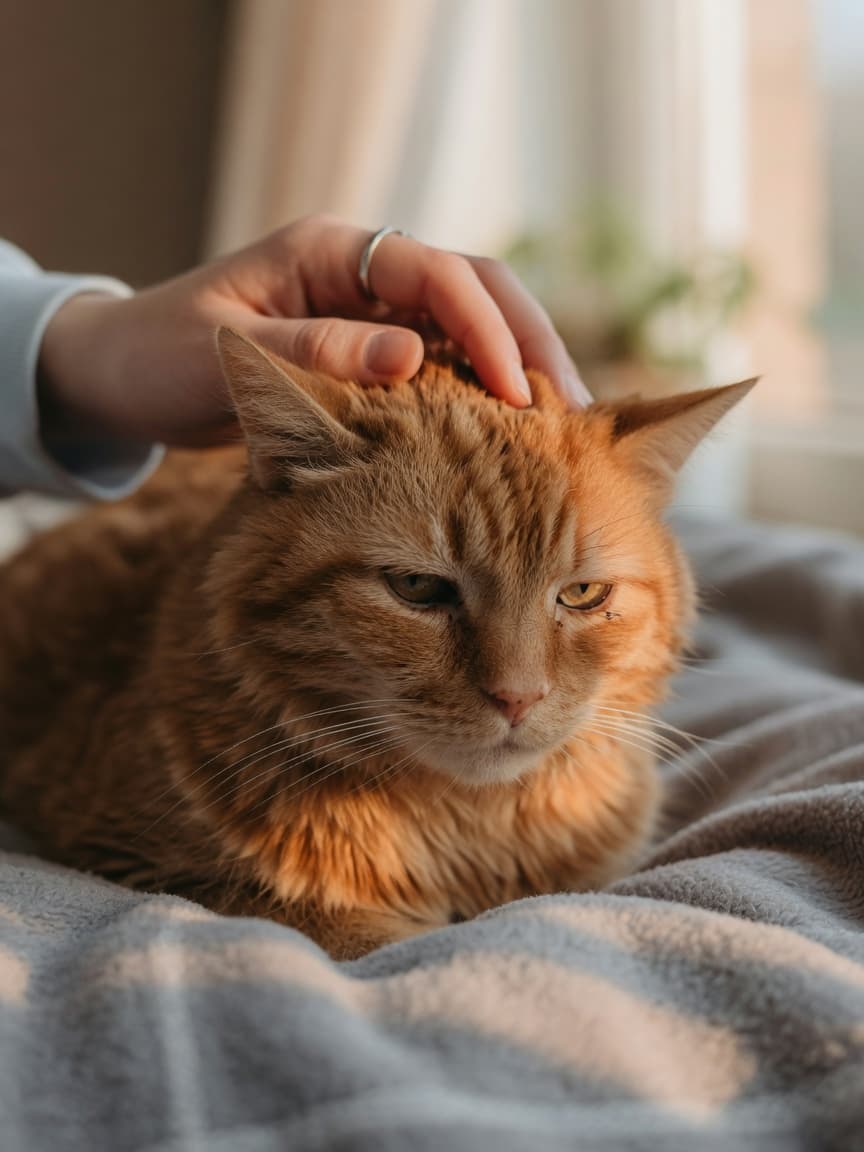 An unwell orange tabby cat resting on a soft blanket with a caregiver's hand gently stroking its head in warm natural light