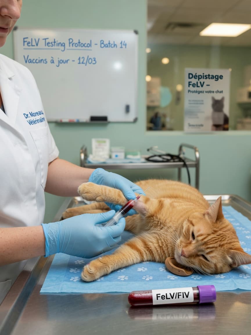 Veterinarian drawing blood from a tabby cat for FeLV testing during a clinical examination