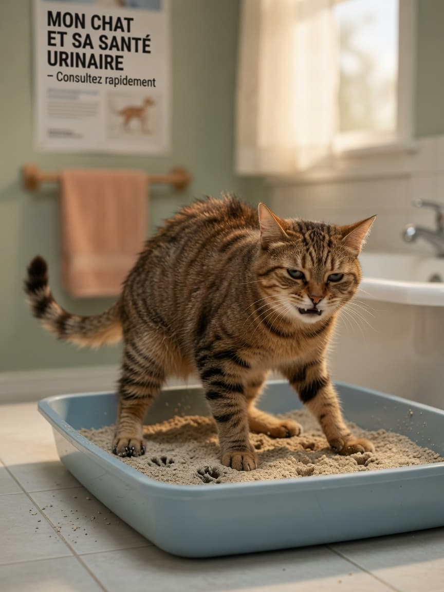 A tabby cat showing signs of strain while in a litter box, depicting feline lower urinary tract disease symptoms