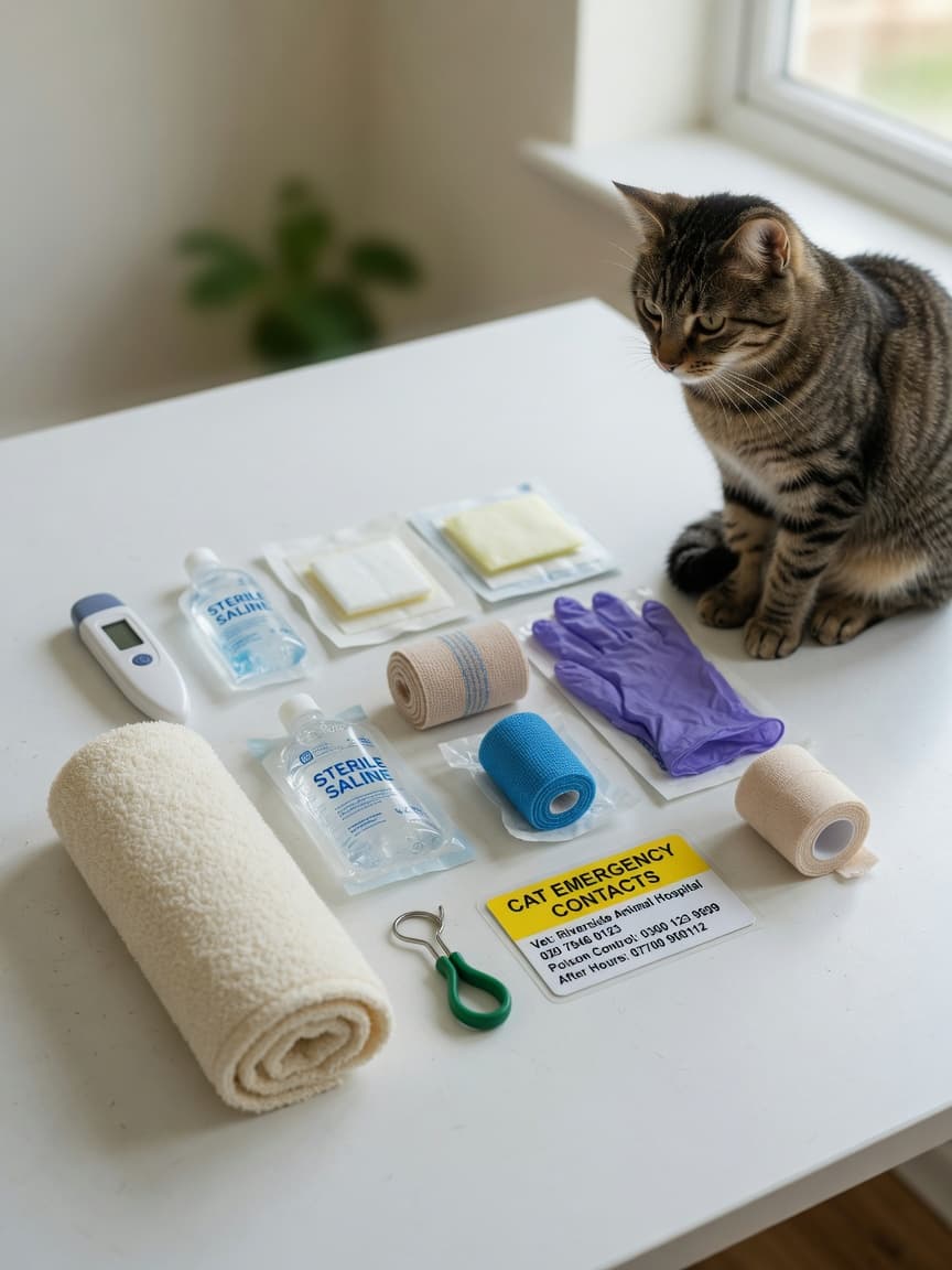A well-organized cat first aid kit displayed on a white table with medical supplies, a thick towel, emergency contact card, and a calm tabby cat nearby