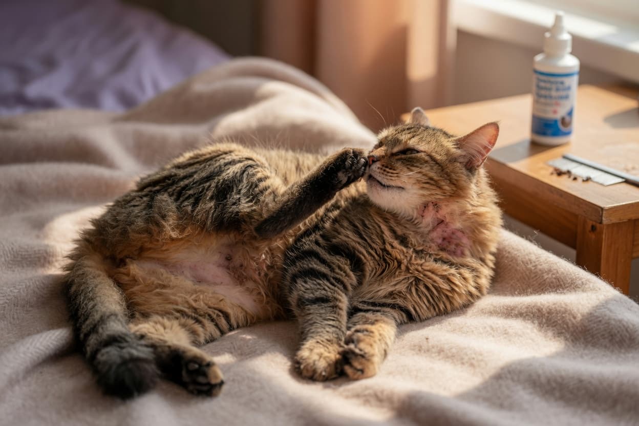 Tabby cat scratching at neck and shoulder showing signs of flea infestation discomfort, with flea treatment products visible on a nearby table