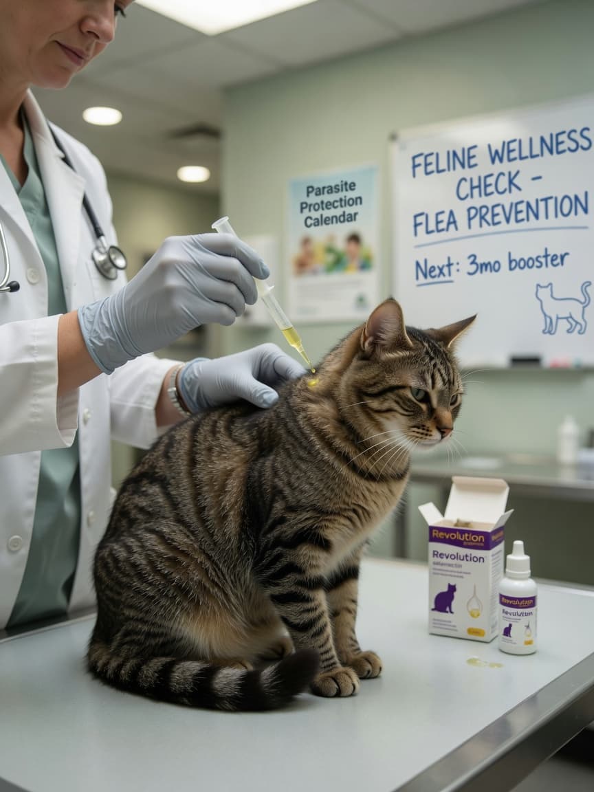 Veterinarian applying cat-safe flea treatment spot-on between a tabby cat's shoulder blades during a clinic examination