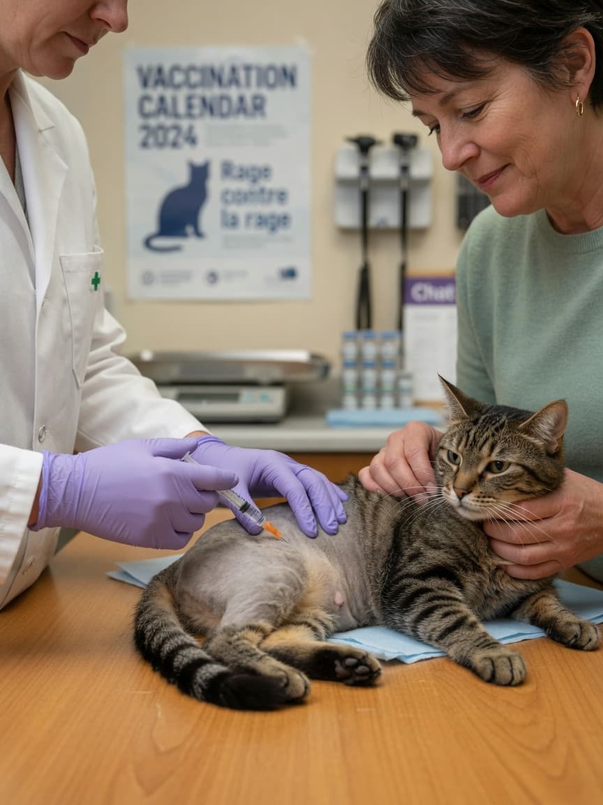 Veterinarian injecting vaccine into tabby cat while owner holds it steady on examination table